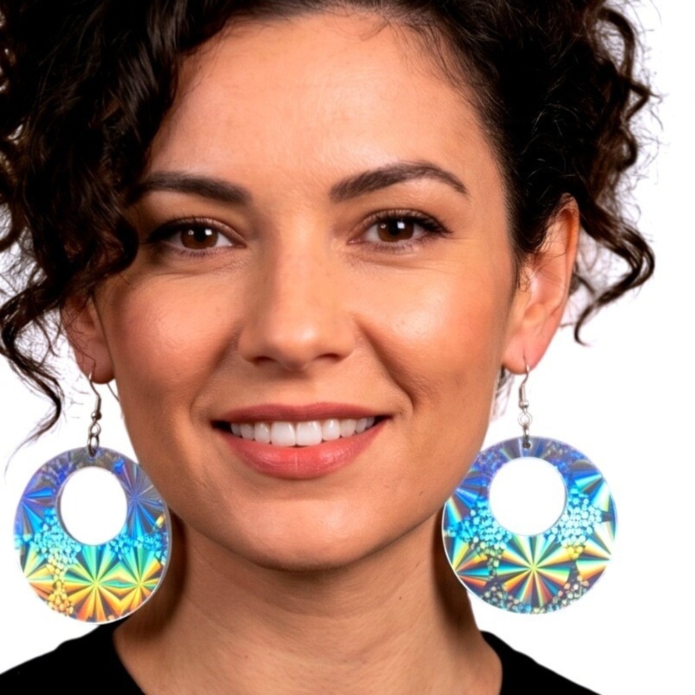 Laser Prismatic‎ Silver Holographic Hoop Dangle Earrings Retro 80s Rave England